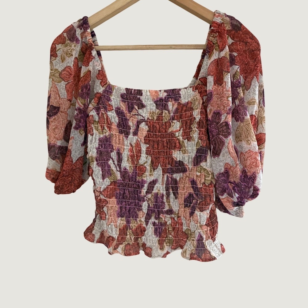 Old Navy Fairycore Floral Smocked Puff Sleeve Top Square Neck Rust Purple Small